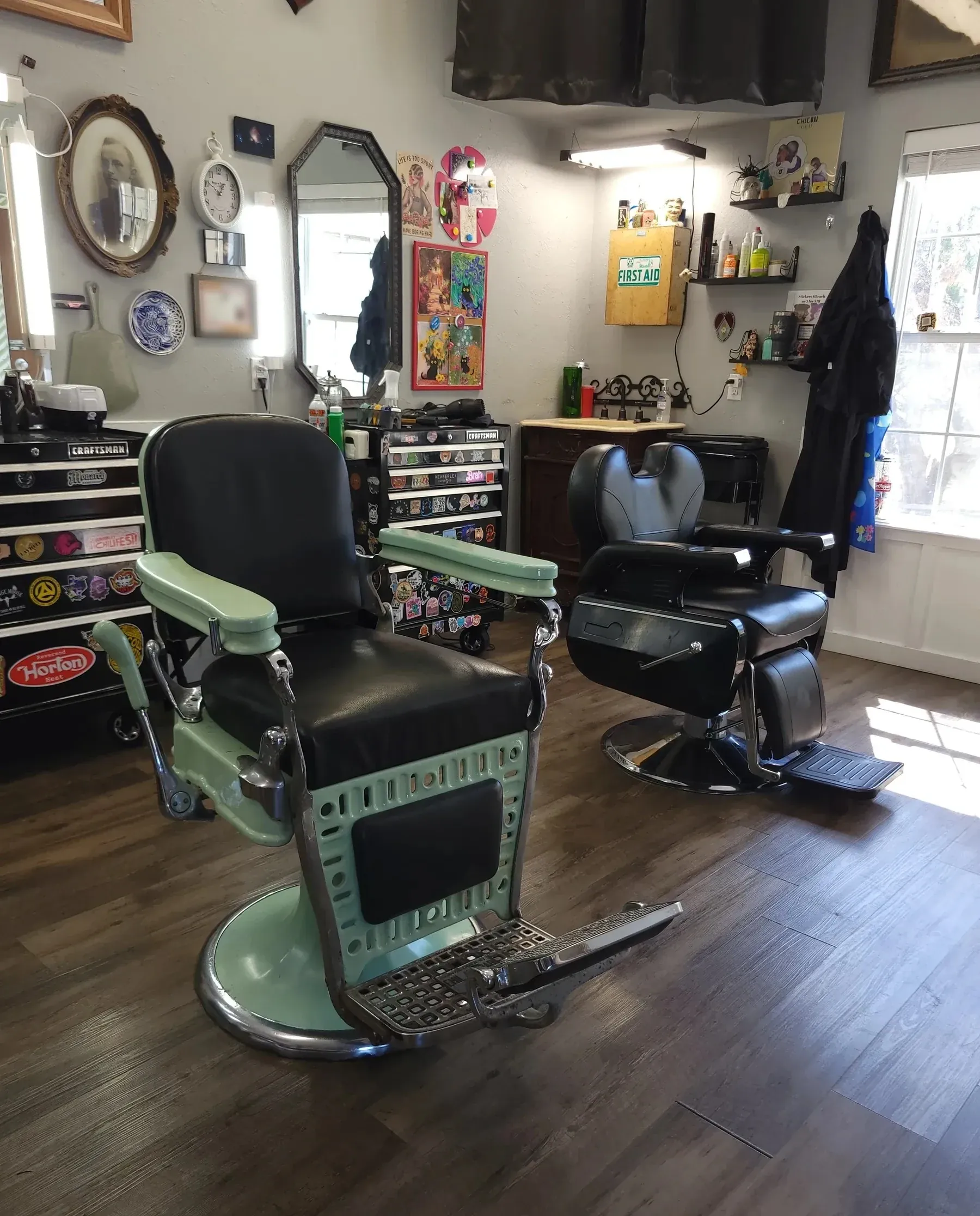 Vintage barber chairs and eclectic decor inside Wimberley barber shop