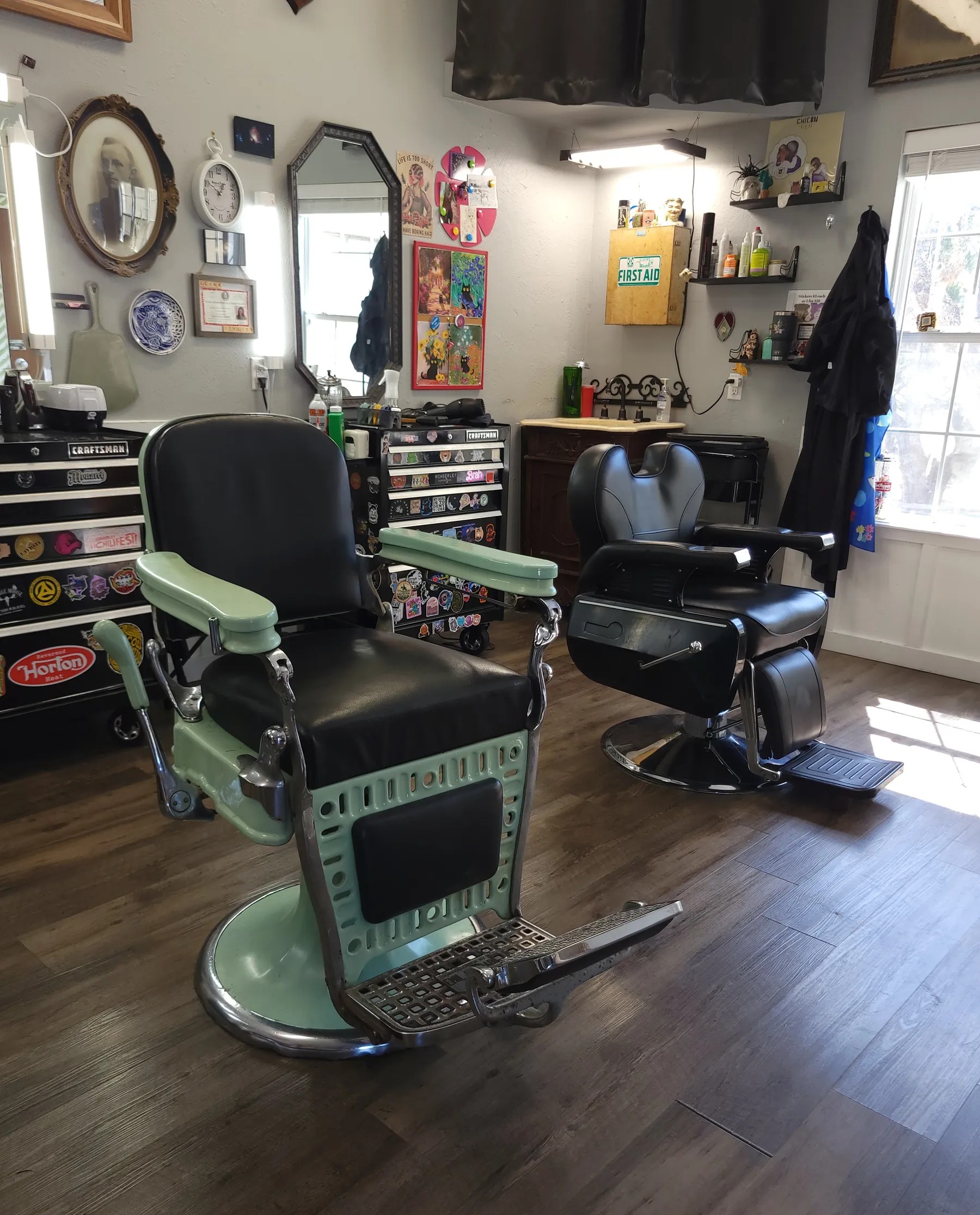 Vintage barber chairs and eclectic decor inside Wimberley barber shop